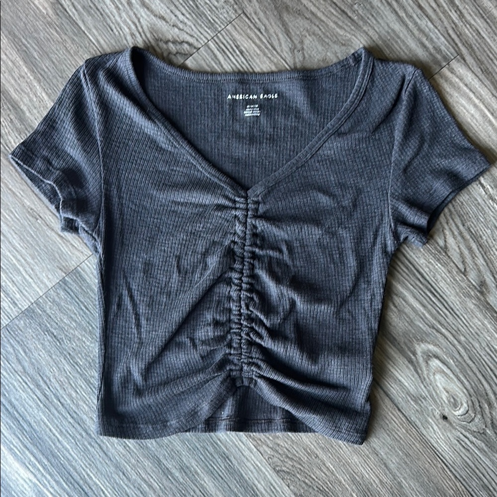 American Eagle Cinched Front Baby Tee Washed Black Medium